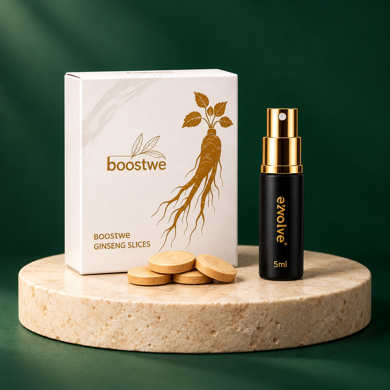 عبوة حبوب BOOSTWE وبخاخ أسود بمضخة ذهبية